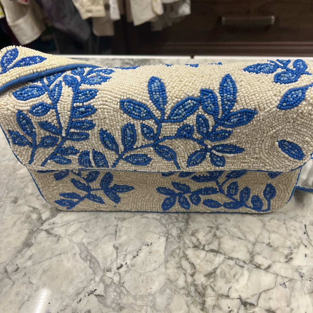Chic Beaded Clutch With Blue Floral Design